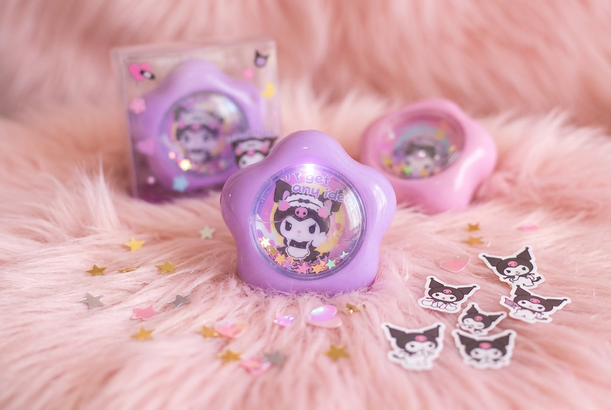 Kuromi sharpener dreamy flat lay on fluffy pink surface