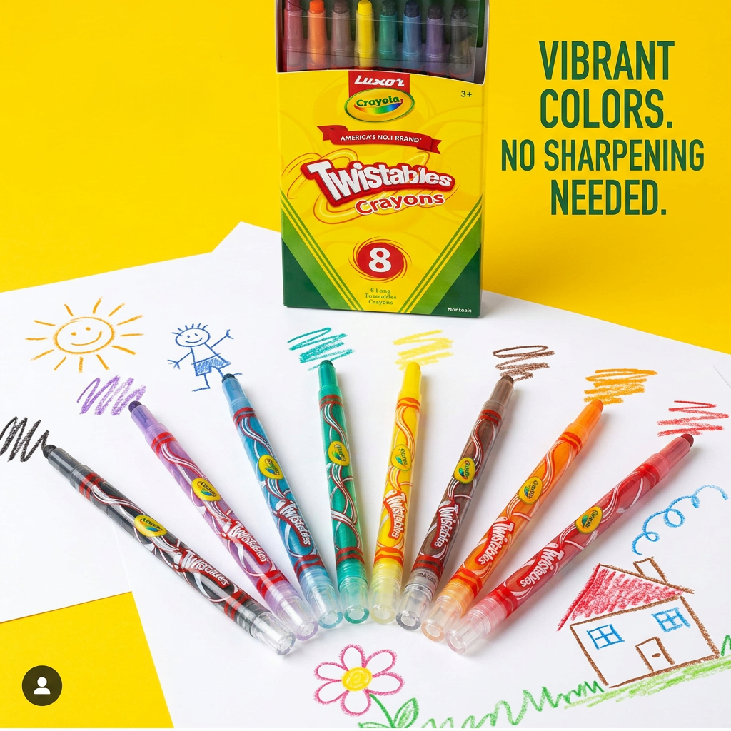 Crayola Twistables colorful crayons fanned on yellow background lifestyle