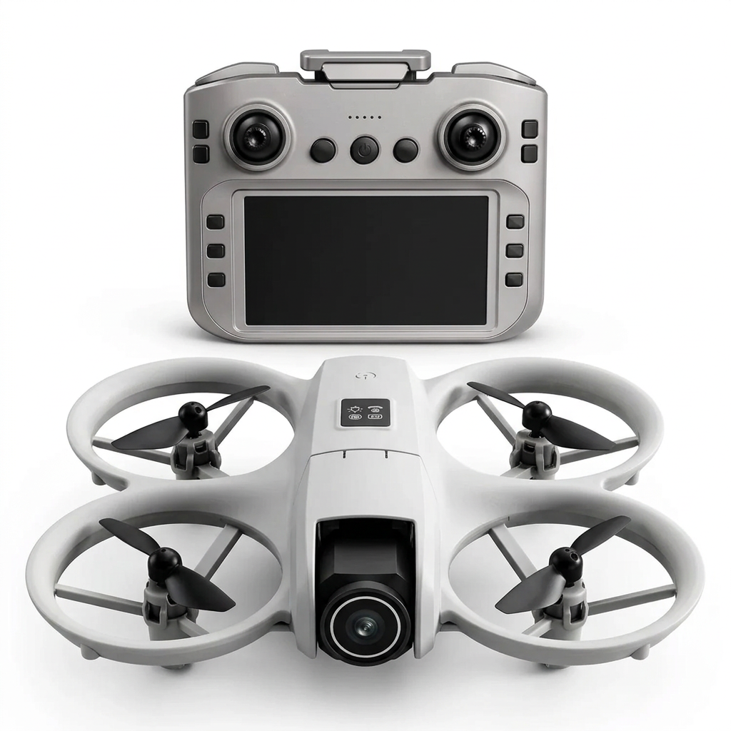 Generated studio showcase of grey guarded camera drone and corrected silver remote controller