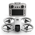 Generated studio showcase of grey guarded camera drone and corrected silver remote controller