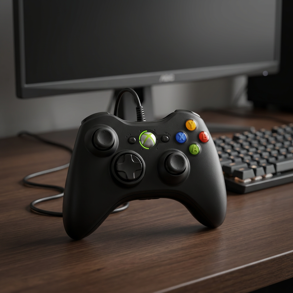 AI illustration: black wired controller on gaming desk; monitor keyboard and props excluded