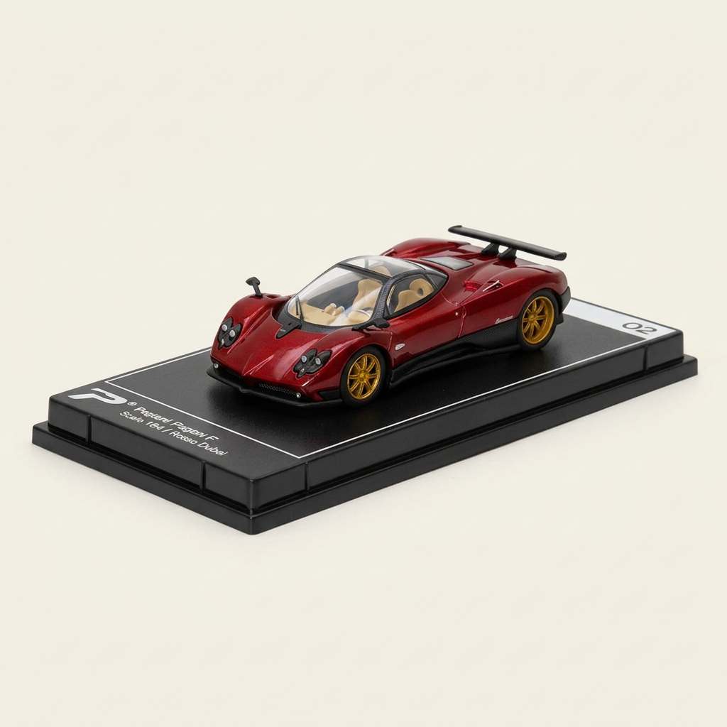 AI illustration: burgundy Pagani model front three-quarter studio view