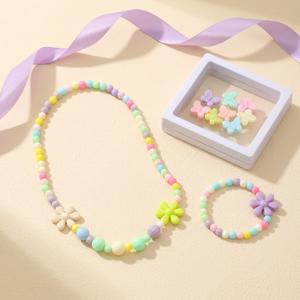 Pastel Daisy Beaded Necklace & Bracelet Set
