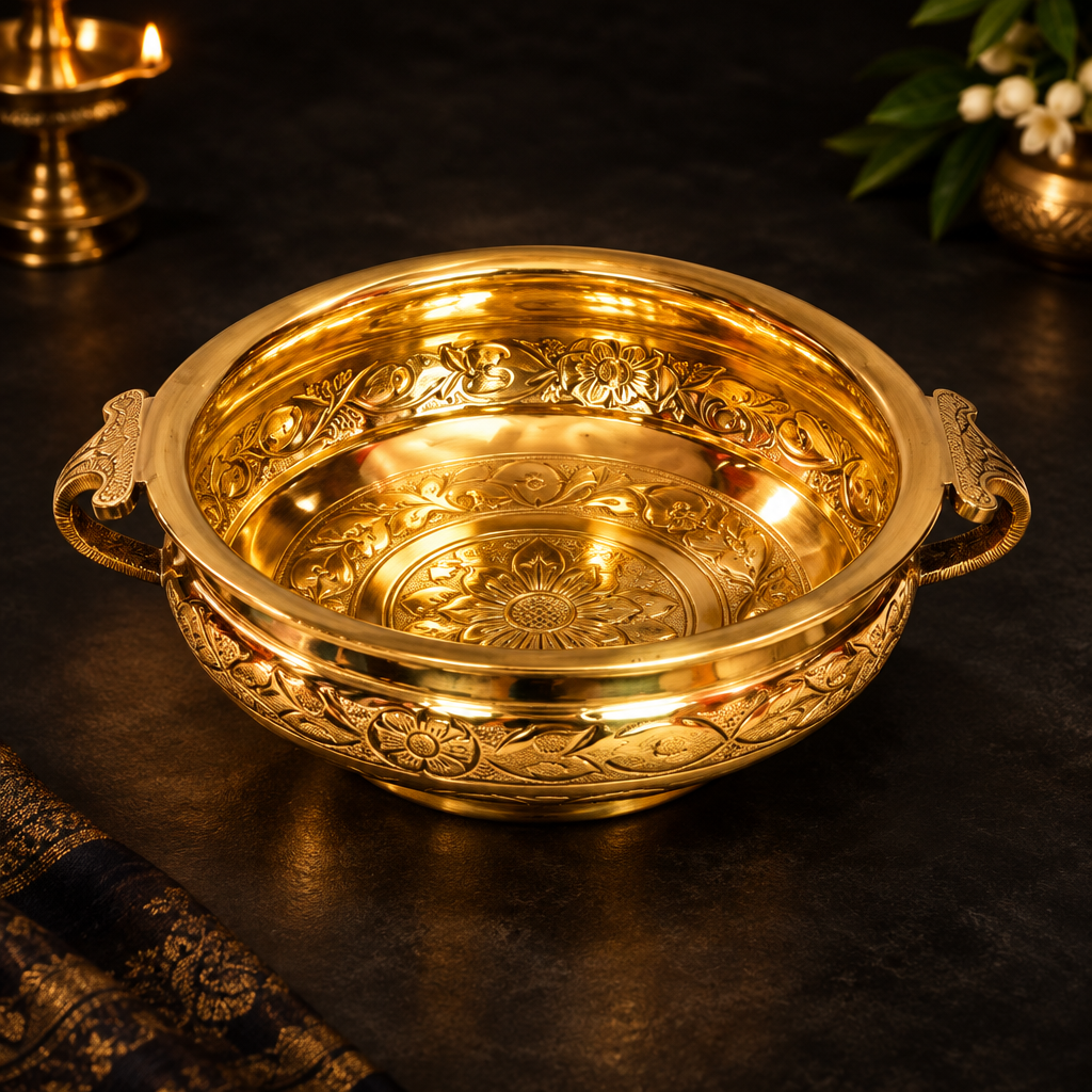 Traditional Brass Urli Bowl - Dramatic Shot
