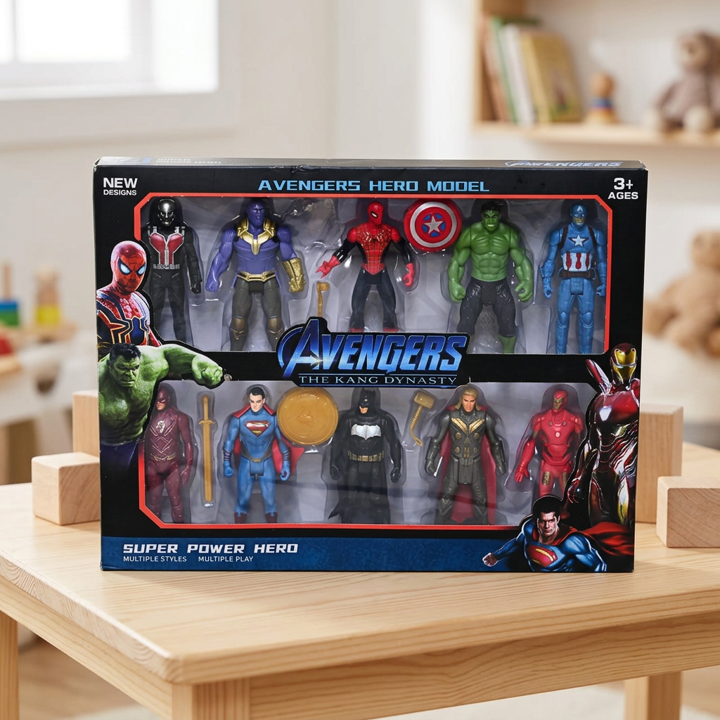 AI illustration: boxed superhero set in playroom display, styling props excluded