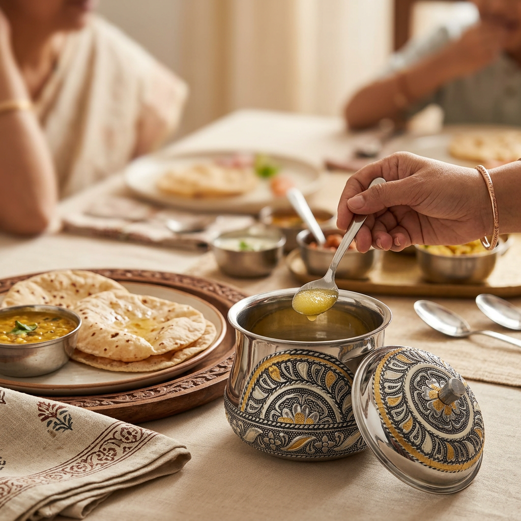 AI-generated lifestyle illustration of ghee pot at an Indian meal