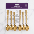 GROX gold stainless steel spoon set of 6 retail packaging on marble surface