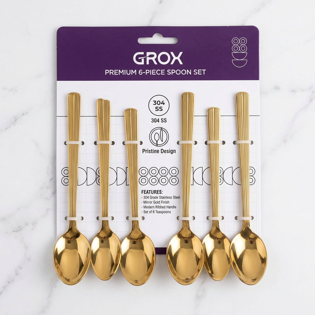 GROX gold stainless steel spoon set of 6 retail packaging on marble surface