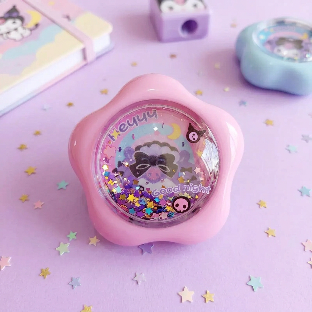 Kuromi sharpener flat lay pastel purple with star confetti