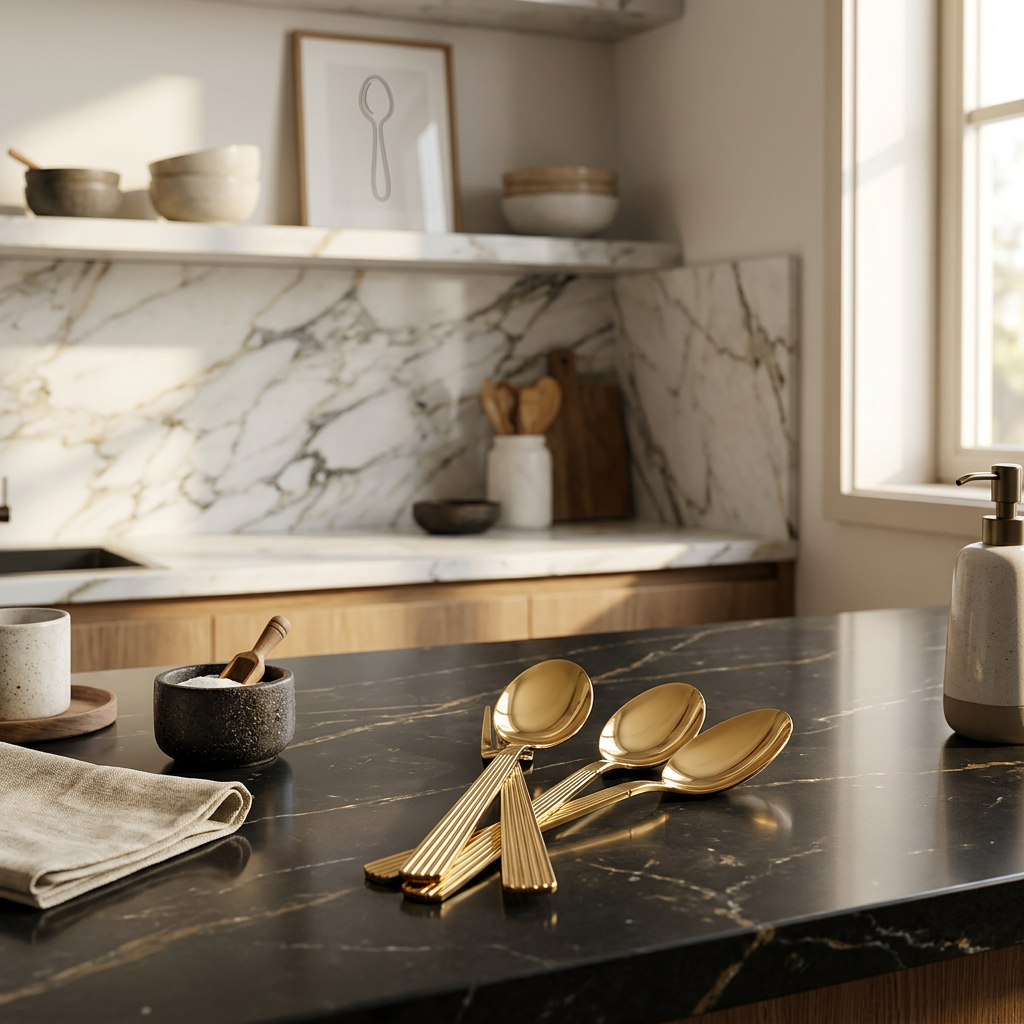 Gold spoons on modern kitchen counter with marble backsplash
