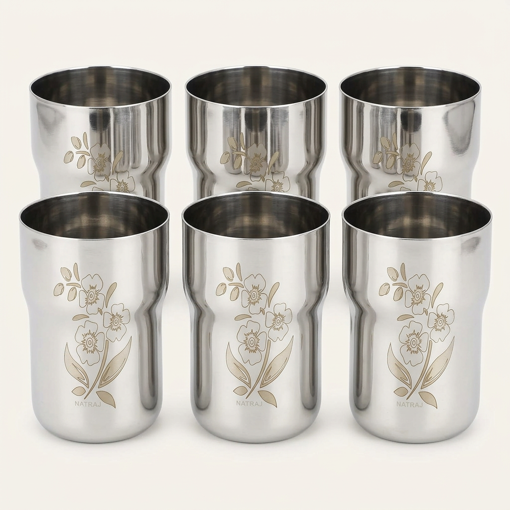 AI illustration: Natraj six-glass floral tumbler set studio view