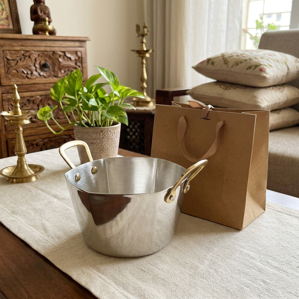 AI illustration: medium hexa pan gifting scene, gift bag excluded