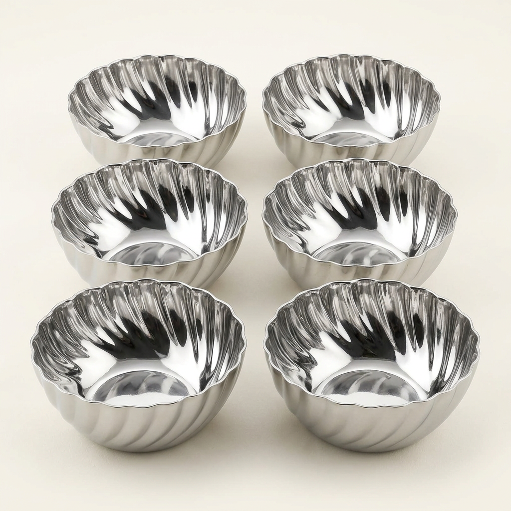 AI illustration: six matching Natraj fluted bowls studio view