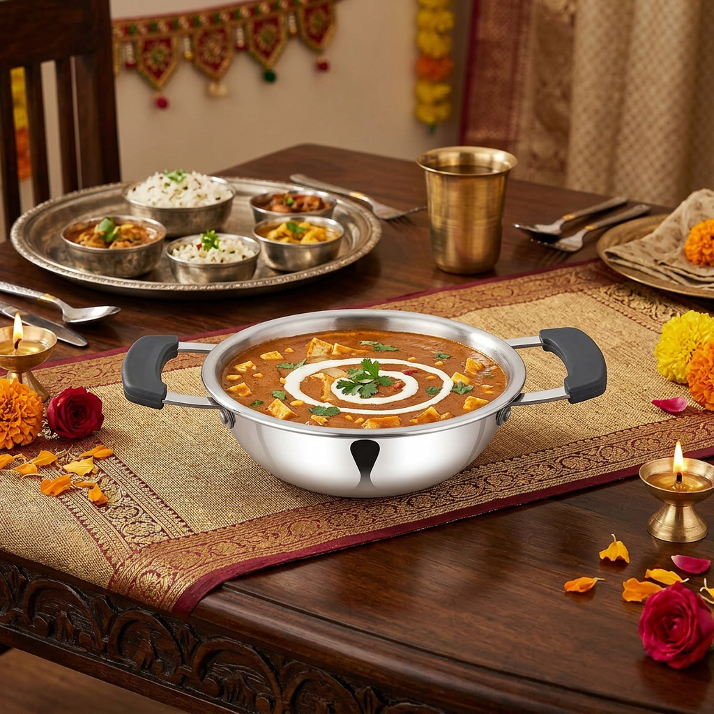 AI-generated festive dining illustration of Natraj silver mini kadai