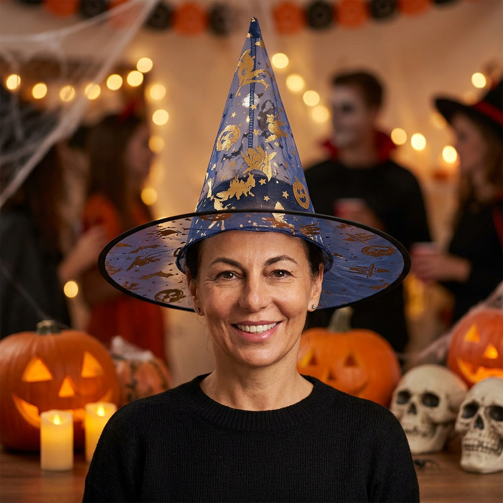 AI lifestyle illustration: adult wearing witch hat, clothing and decorations not included