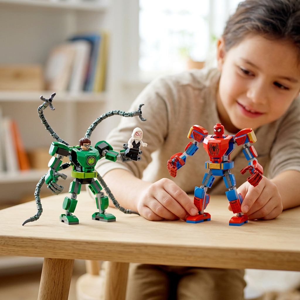 Child playing with LEGO Marvel Spider-Man and Doc Ock mechs at a table