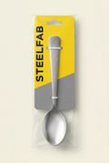 AI-enhanced packaging illustration of Steelfab silver baby spoon