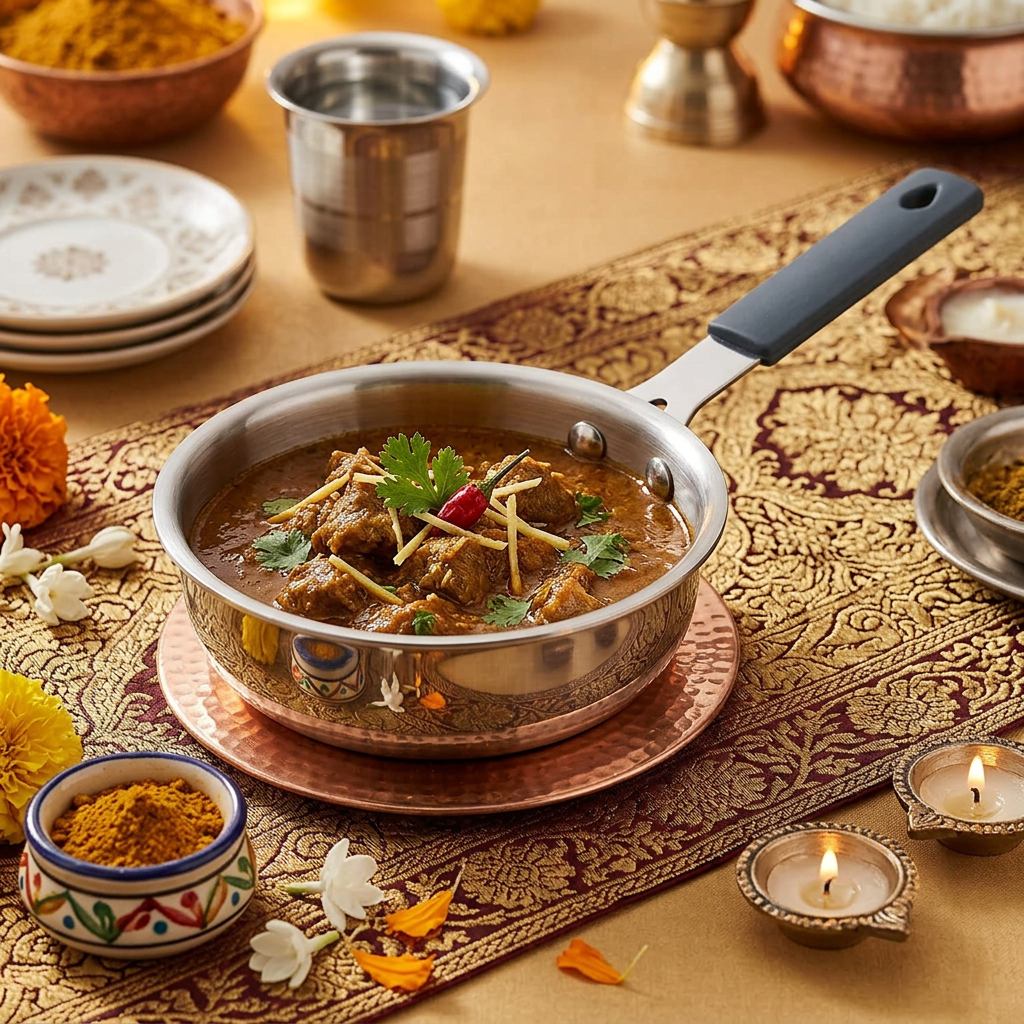 AI-generated festive hosting illustration of Natraj silver mini frying pan
