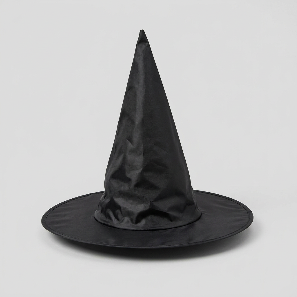 AI illustration: angled studio view of plain black witch hat