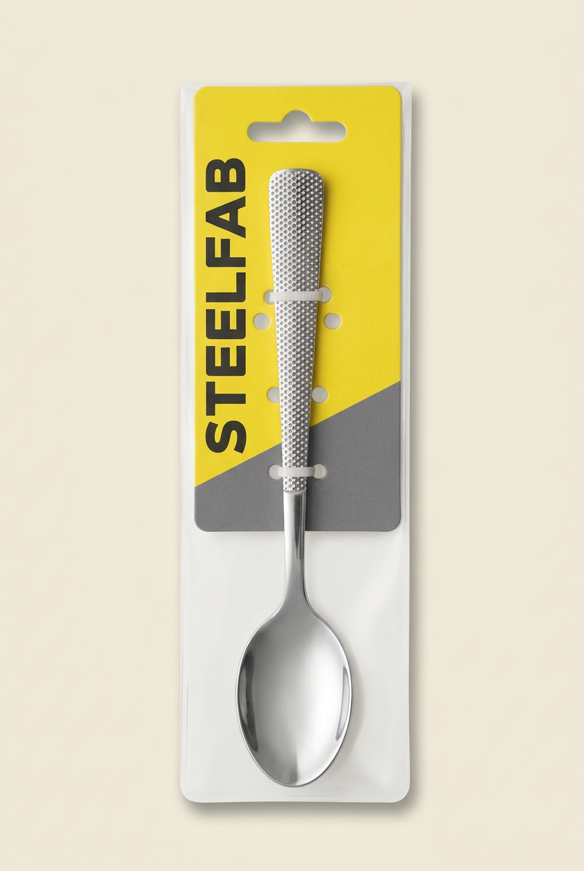 AI-enhanced packaging illustration of Steelfab silver tea spoon