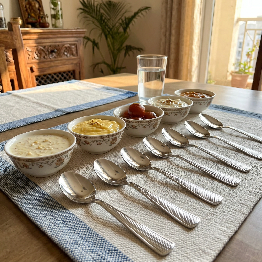 AI-generated hosting illustration of Steelfab silver baby spoons set of six