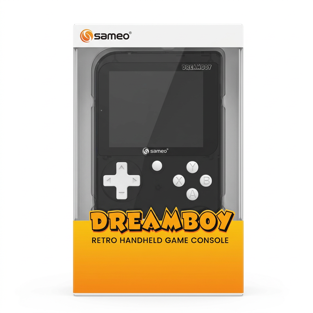AI packaging illustration: Sameo Dreamboy white-button console in reference-inspired box; actual retail packaging unverified