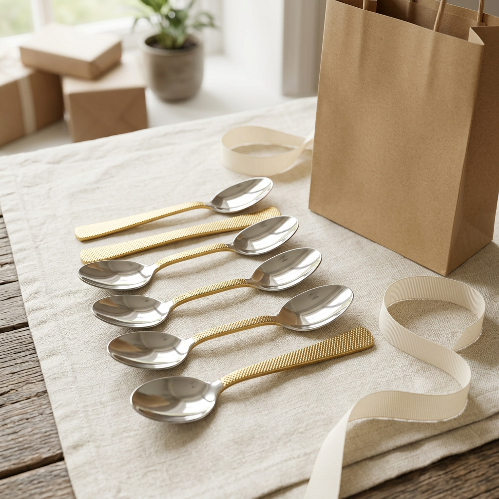 AI-generated gifting illustration of Steelfab mesh-handled tea spoons set of six