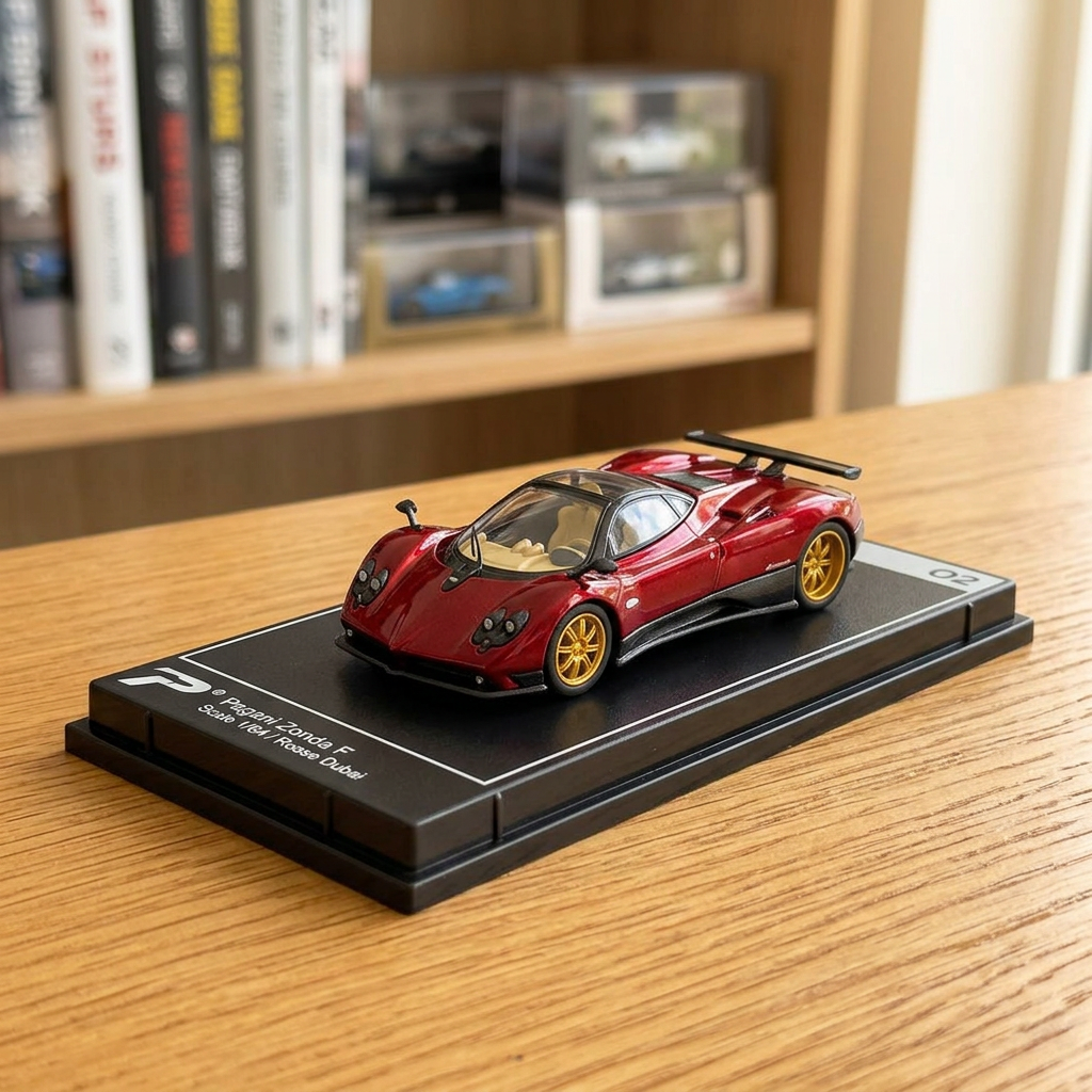 AI illustration: burgundy Pagani model on collector desk; styling props excluded