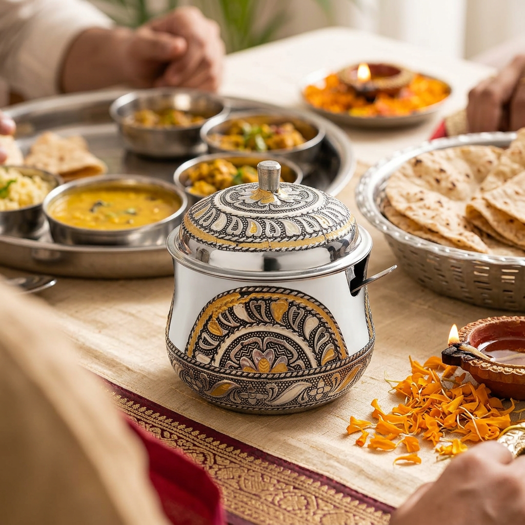 AI-generated festive dining illustration of ghee pot