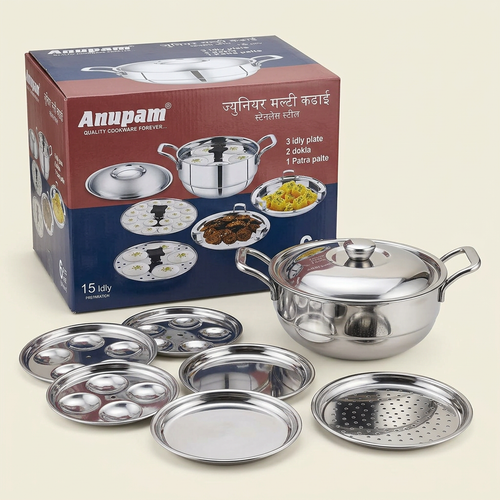AI-generated Anupam Junior multi kadai and six-plate set illustration based on packaging artwork