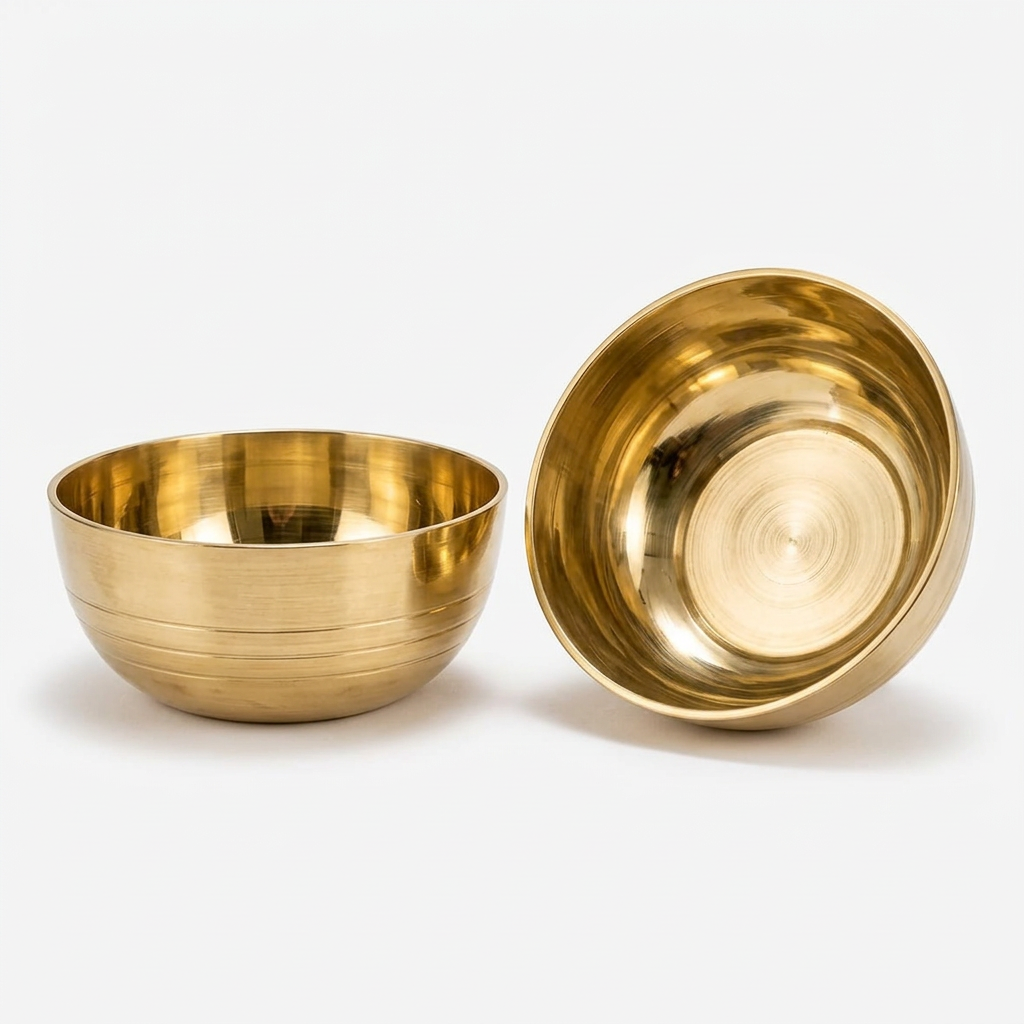 AI-generated studio illustration of a matching gold-tone bowl set of two.