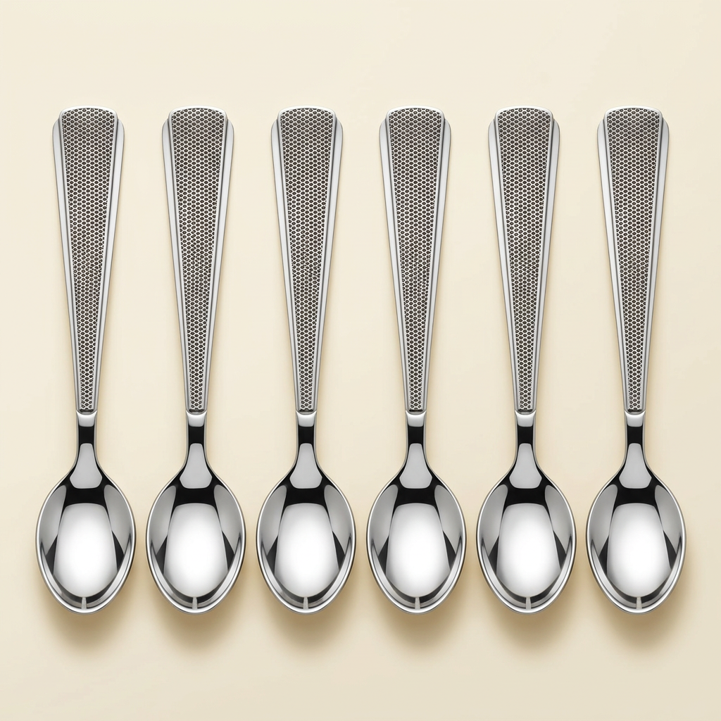 AI-generated studio illustration of Steelfab silver baby spoons set of six