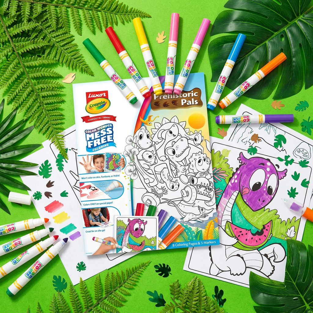 Crayola Prehistoric Pals jungle flat lay lifestyle shot