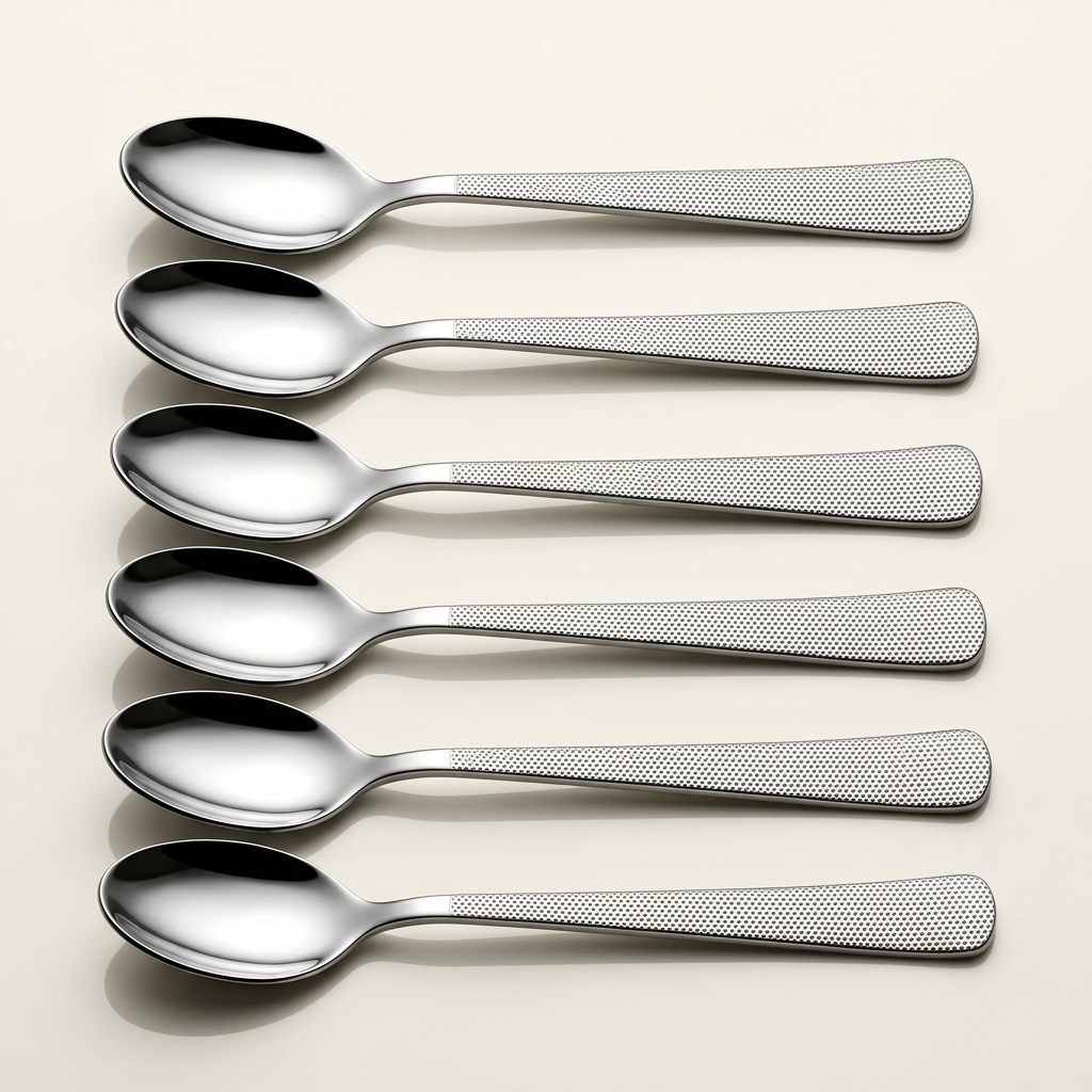 AI-generated studio illustration of Steelfab dessert spoons set of six