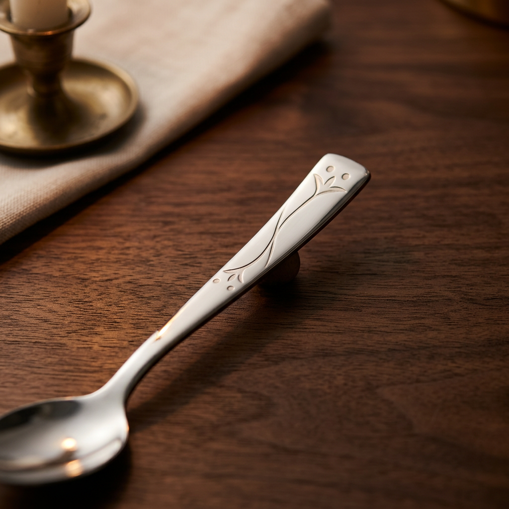 Close-up floral engraved spoon handle on dark wood