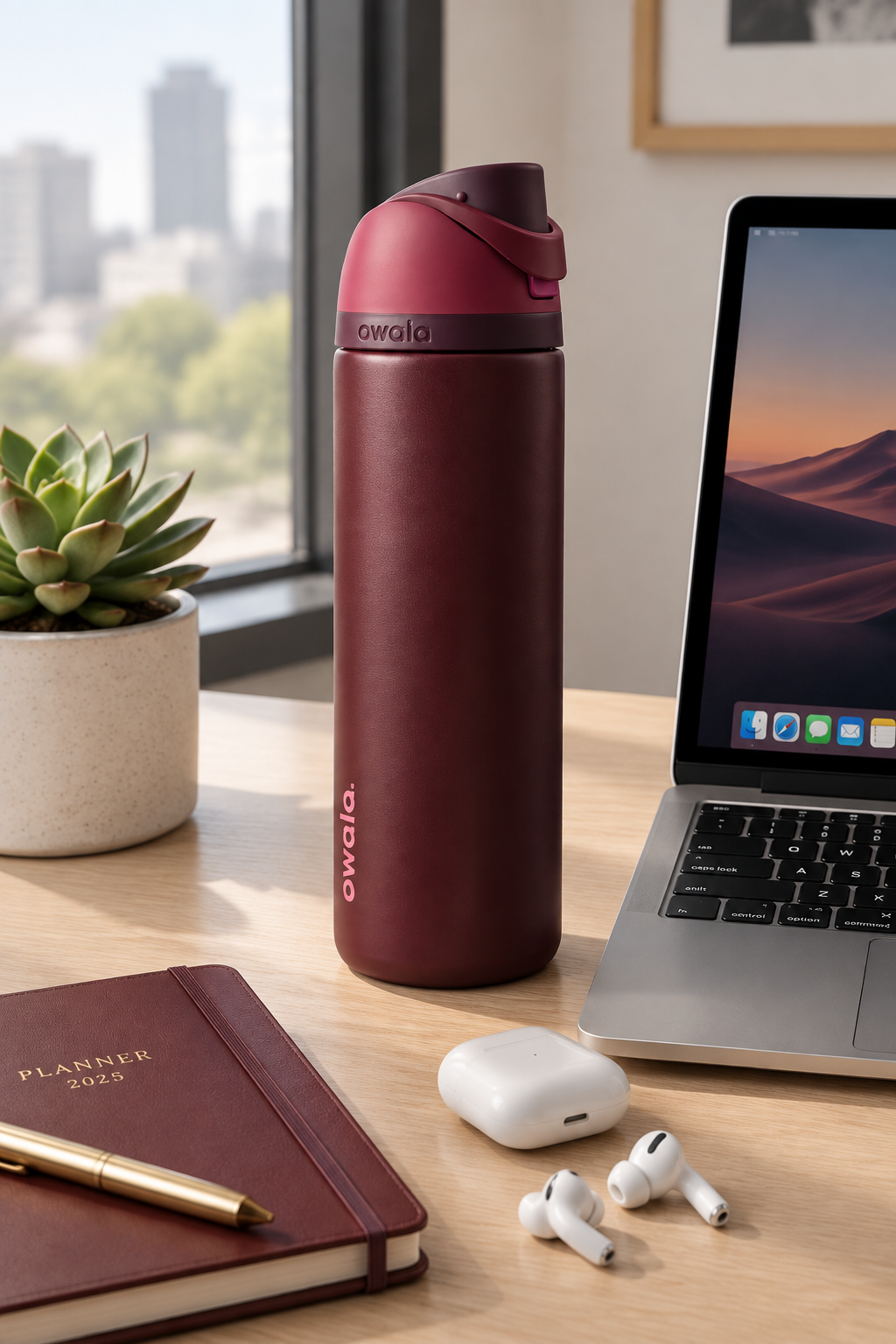 Owala Black Cherry – Office Workspace Lifestyle