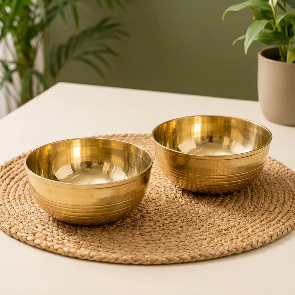 AI-styled gold-tone bowl set of two on a placemat; props excluded.