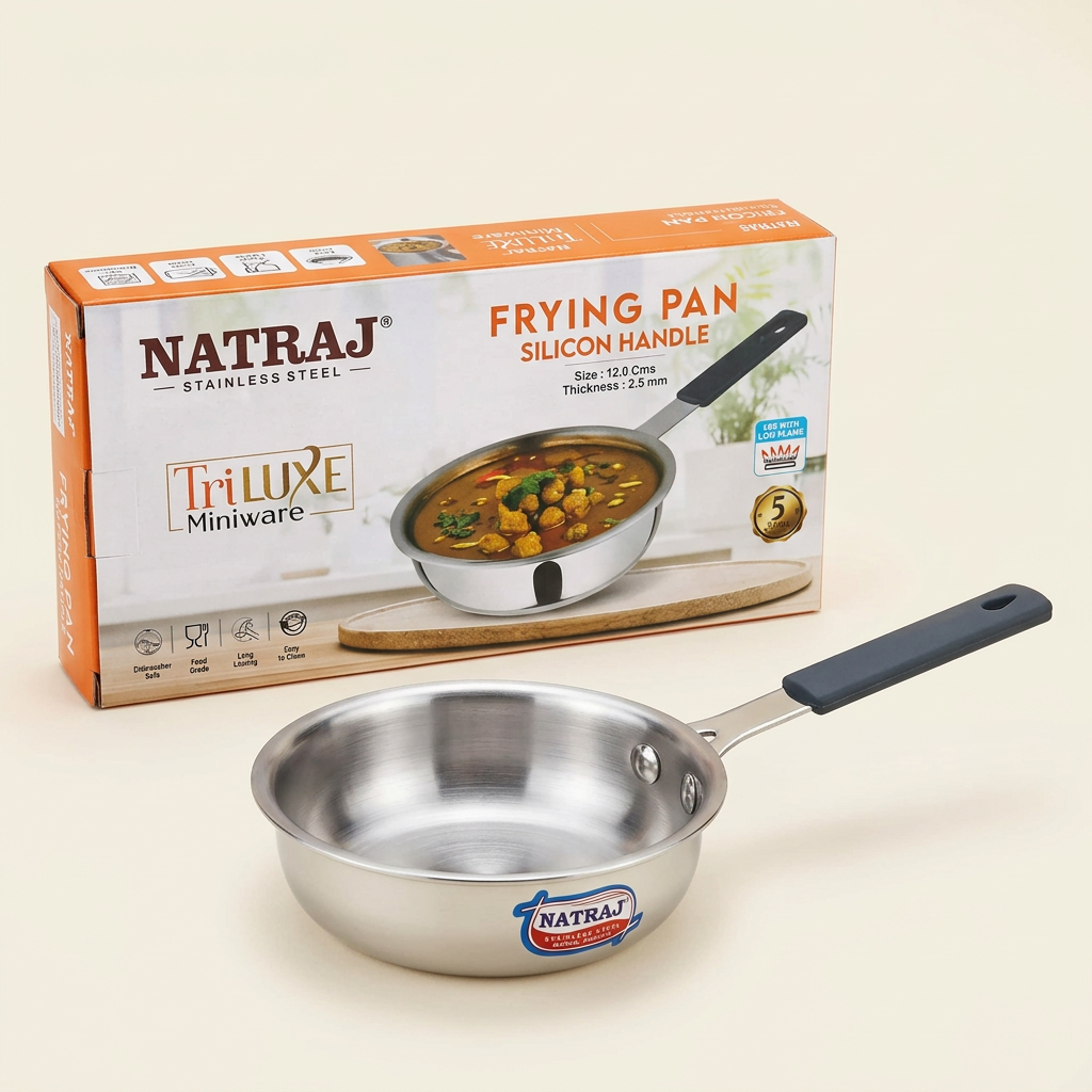 AI-generated studio illustration of Natraj 12 cm frying pan and box