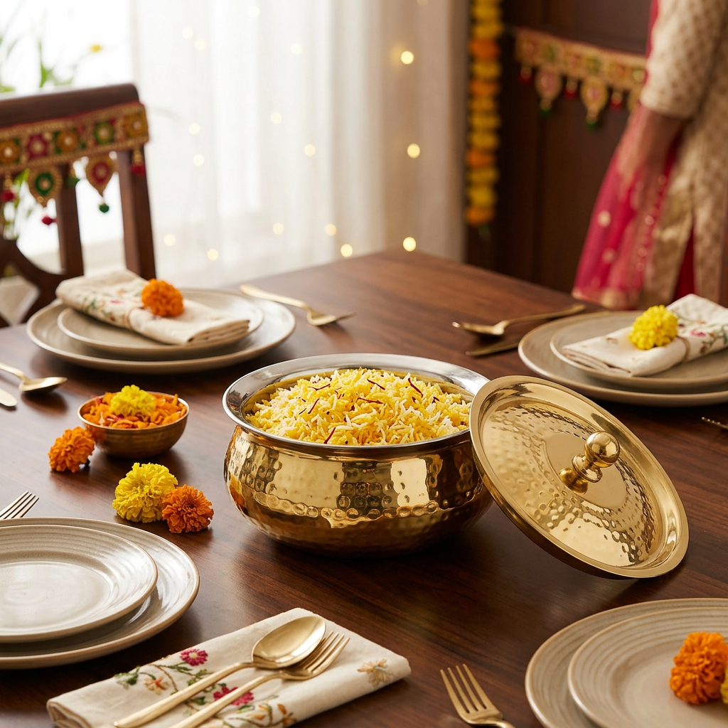 AI-generated festive dining illustration of gold-exterior handi