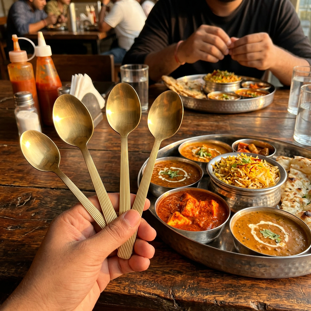 Gold spoons on festive Indian dining table with food