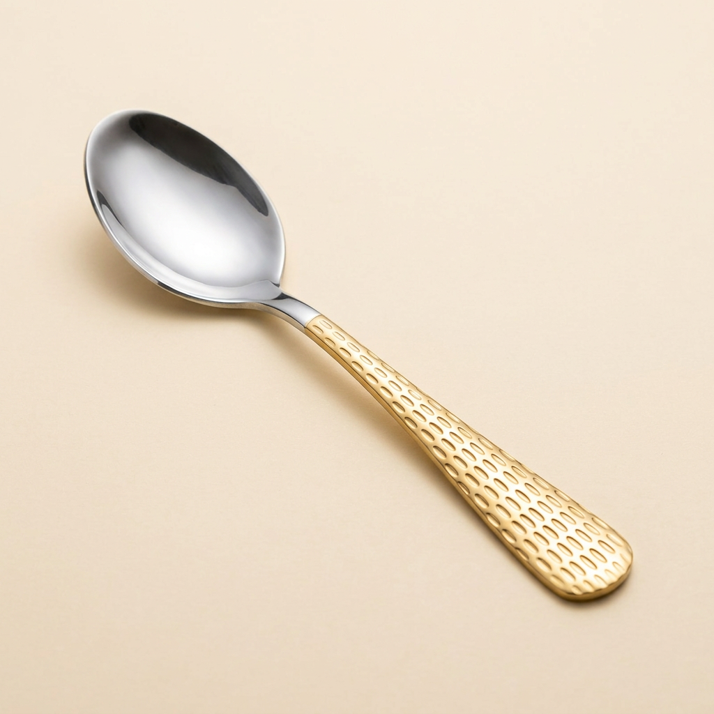 AI-generated studio illustration of Steelfab gold-handled tea spoon