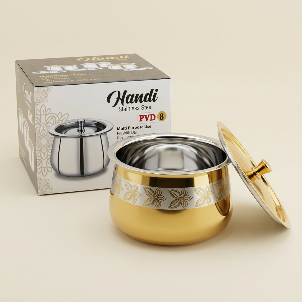 AI-generated illustration of PVD 8 handi with its box, gold exterior and silver interior