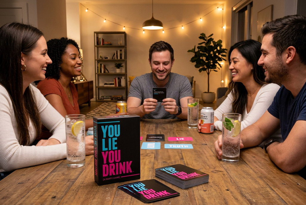 Adult friends enjoying a You Lie You Drink game night