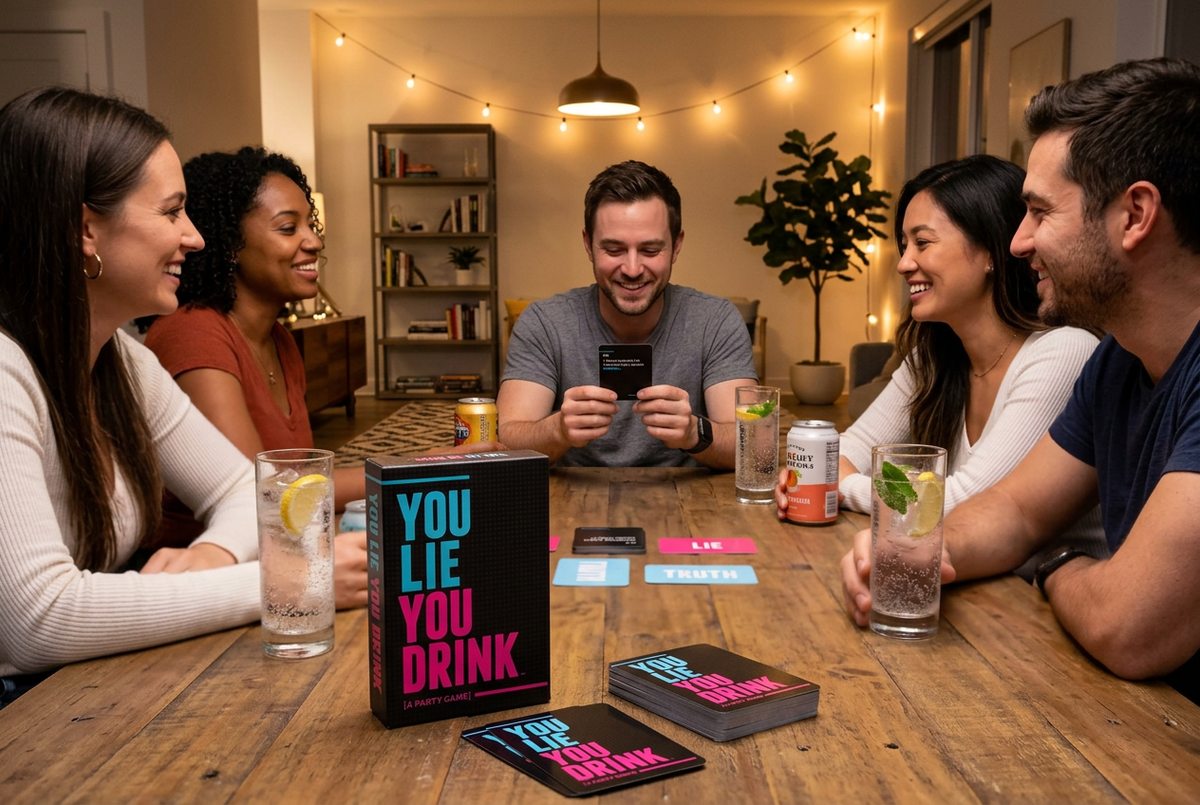 Adult friends enjoying a You Lie You Drink game night