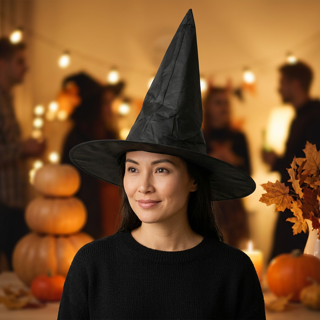 AI lifestyle illustration: adult wearing black witch hat, clothing and decorations not included