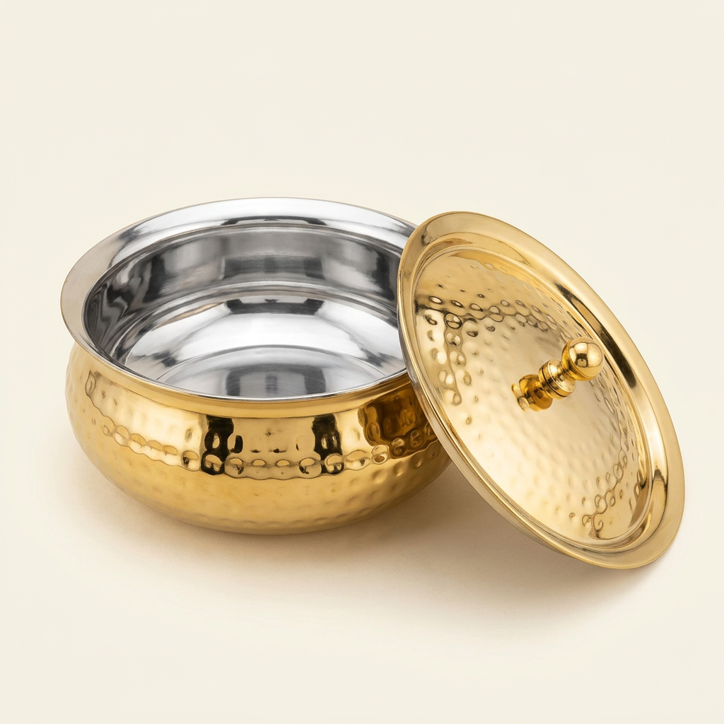 AI-generated studio illustration of Anupam Havmore gold-coloured handi with silver interior