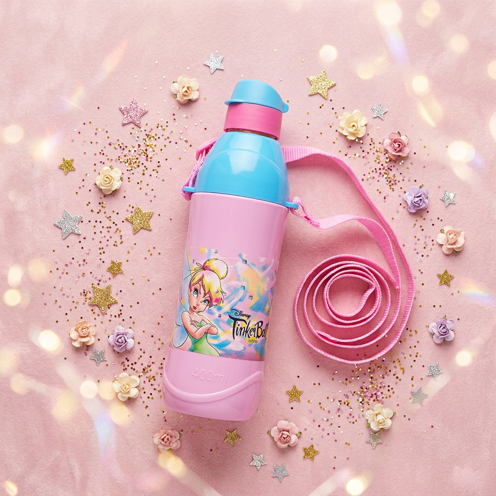 Tinker Bell bottle pastel pink flat lay with sparkles
