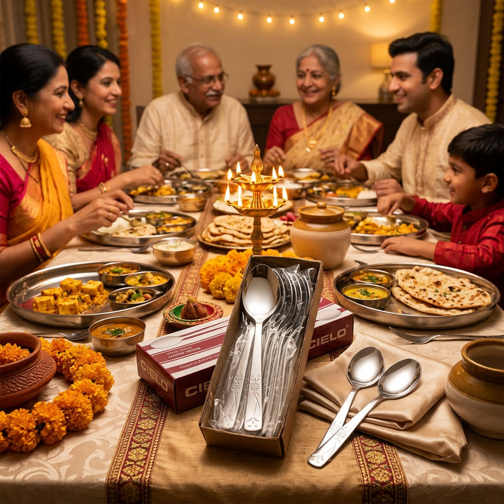 Floral engraved spoons in Cielo box on festive dining table