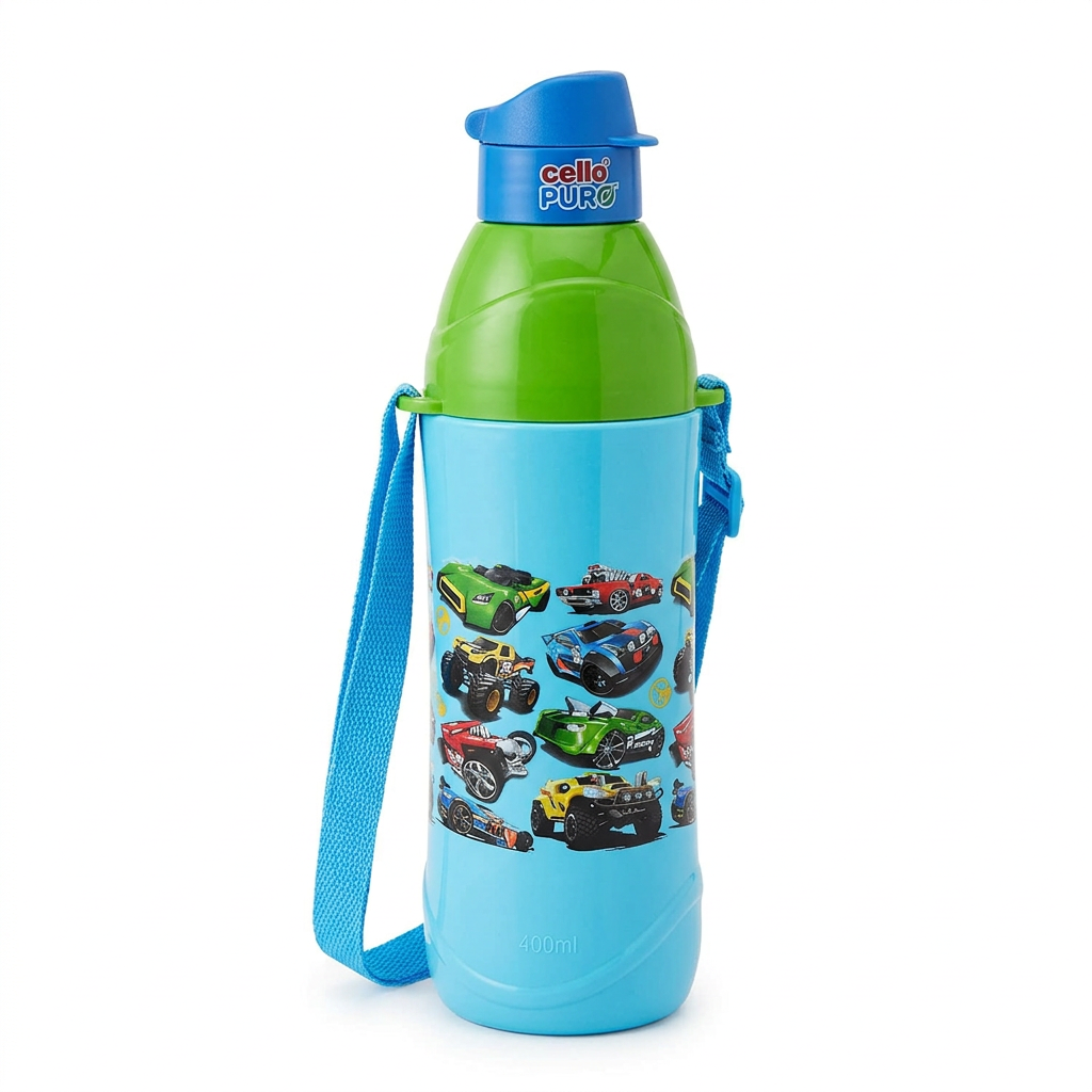 Hot Wheels blue green bottle white background
