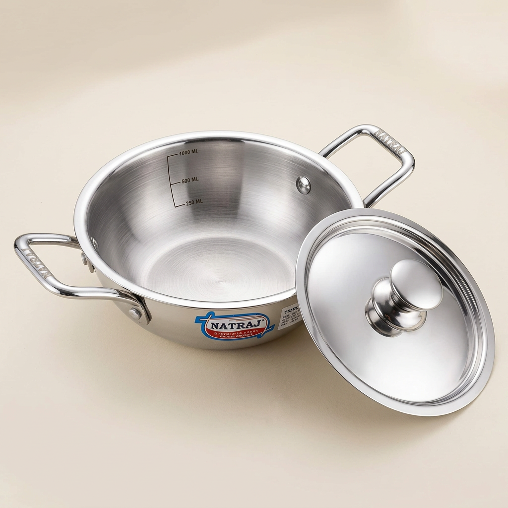 AI illustration: open kadai with matching lid beside